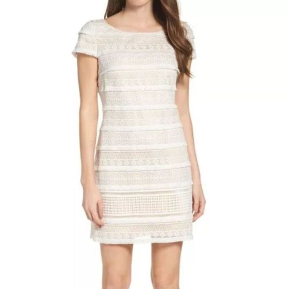 Eliza J Mini Dress Shift Cap Sleeve Fringe Lace Cream Ivory Fitted Bridal sz 4